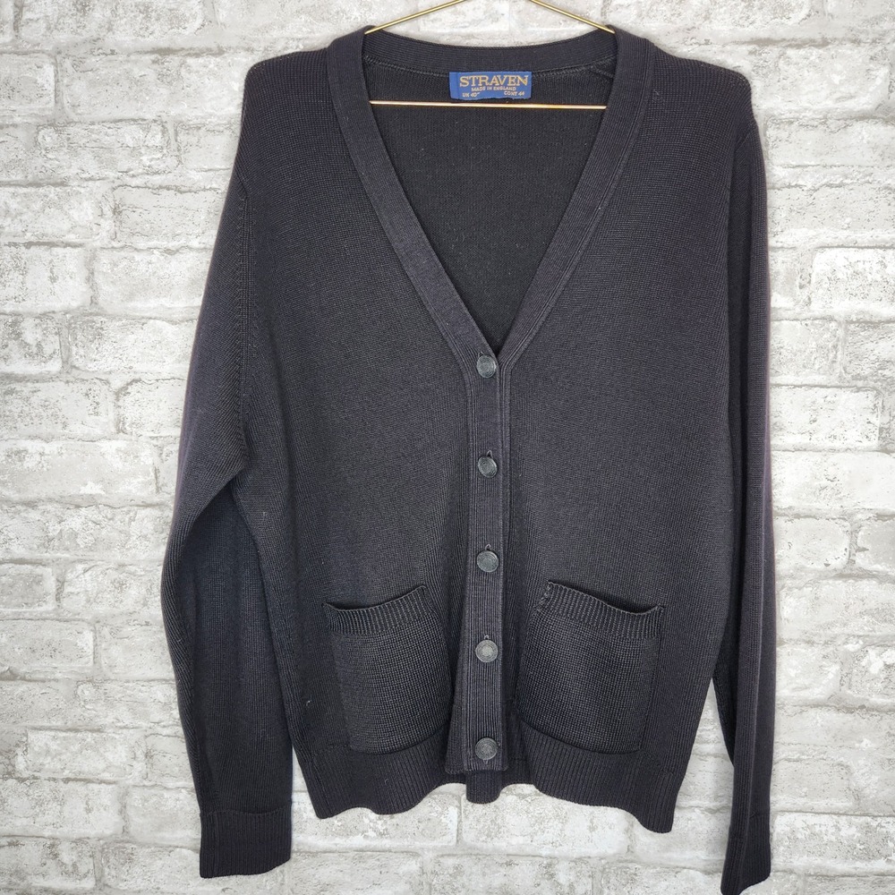 Vintage Straven Black Wool Knit Cardigan Grandpa Sweater Mens Made in UK L